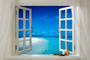 WINDOW ONTO TROPICS poster lovely blue sky water breeze PRISTINE white sand 24X36