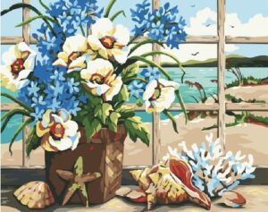 Diy oil painting, paint by number kit- Flowers And Sea 16*20 inch.