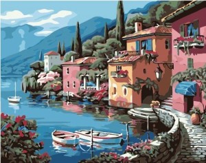 Diy oil painting, paint by number kit- Lakeside villa 16*20 inch.